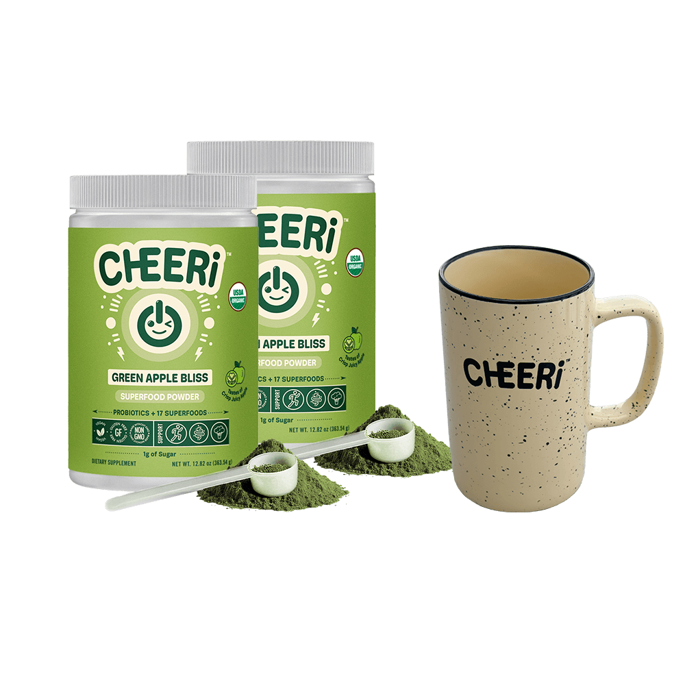 CHEERi Green Apple Bliss Elixir bundle with two superfood powder jars and a free signature mug.