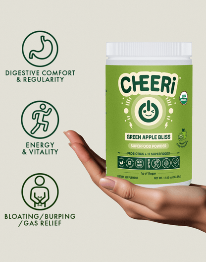 CHEERi Green Apple Bliss Elixir superfood powder for digestive comfort, energy, and bloating relief.