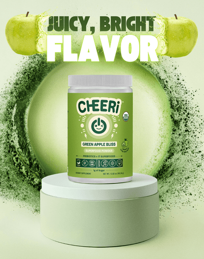 CHEERi Green Apple Bliss Elixir jar with green apple graphics, highlighting superfoods and probiotic benefits.